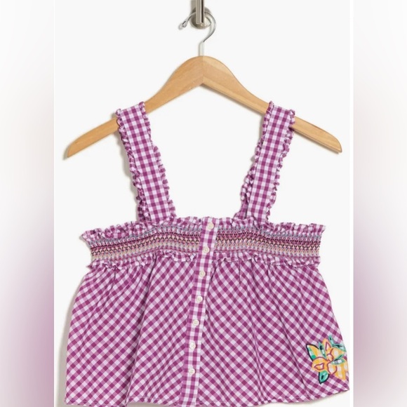 NWT FRENCH CONNECTION Adla Gingham Smocked Top Purple White $68 - Picture 3 of 3